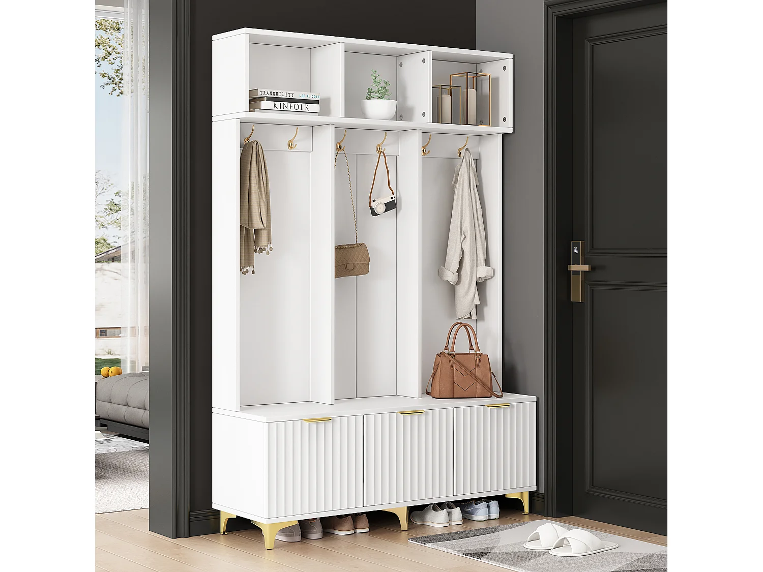 Lockerkast met 3 deuren en 3 nissen - 126 x 40 x 191,5 cm - Spaanplaat en metalen poten - Wit