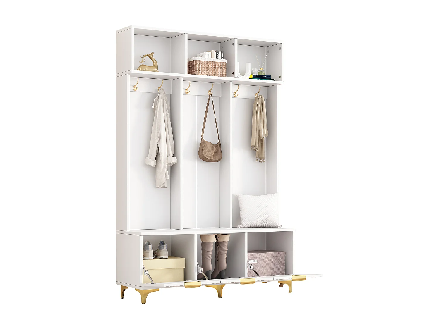 Lockerkast met 3 deuren en 3 nissen - 126 x 40 x 191,5 cm - Spaanplaat en metalen poten - Wit