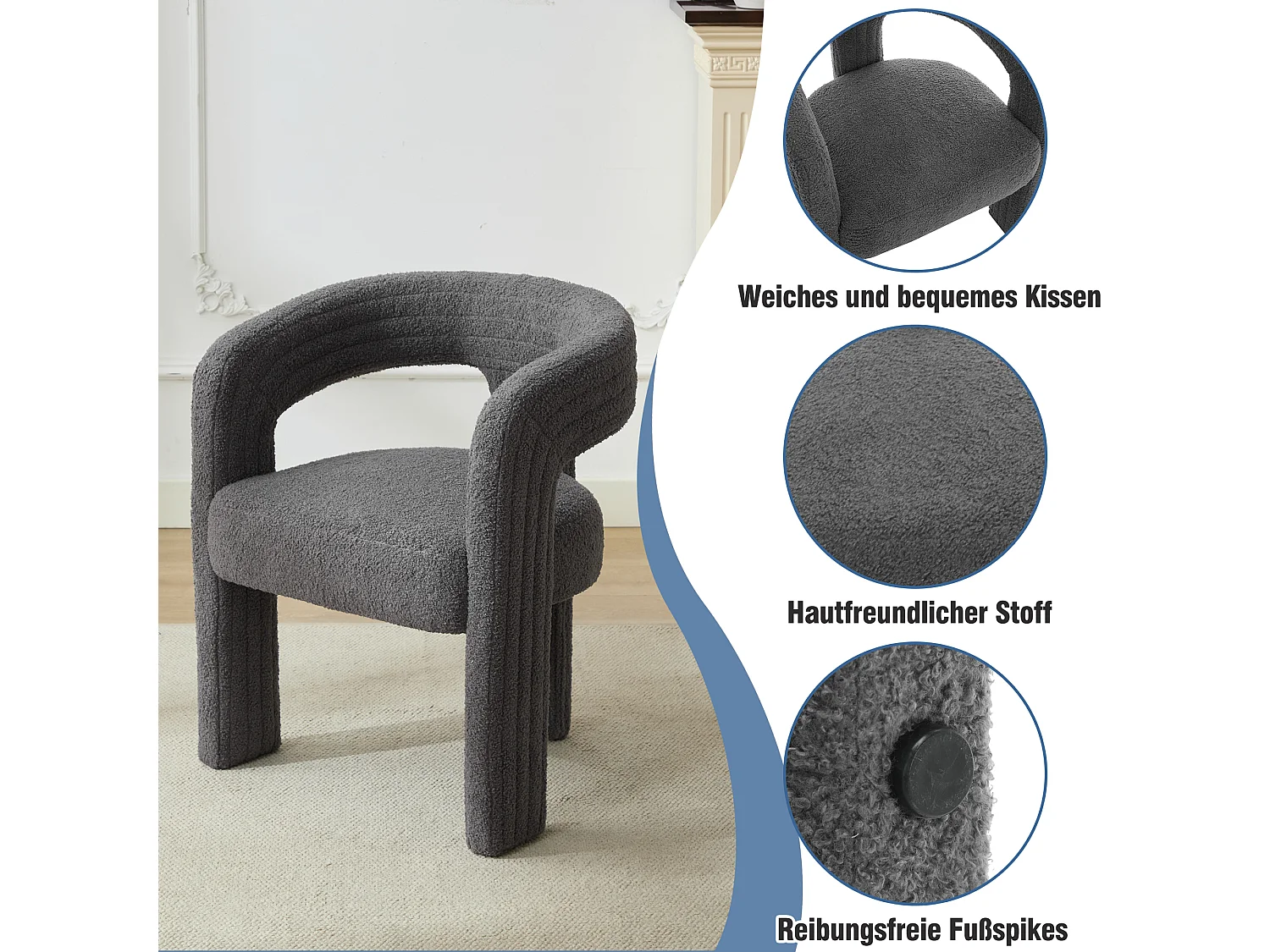 Lot de 2 fauteuils en peluche avec accoudoirs - 62.5 x 47 x 75 cm - pour salon ou chambre - Gris