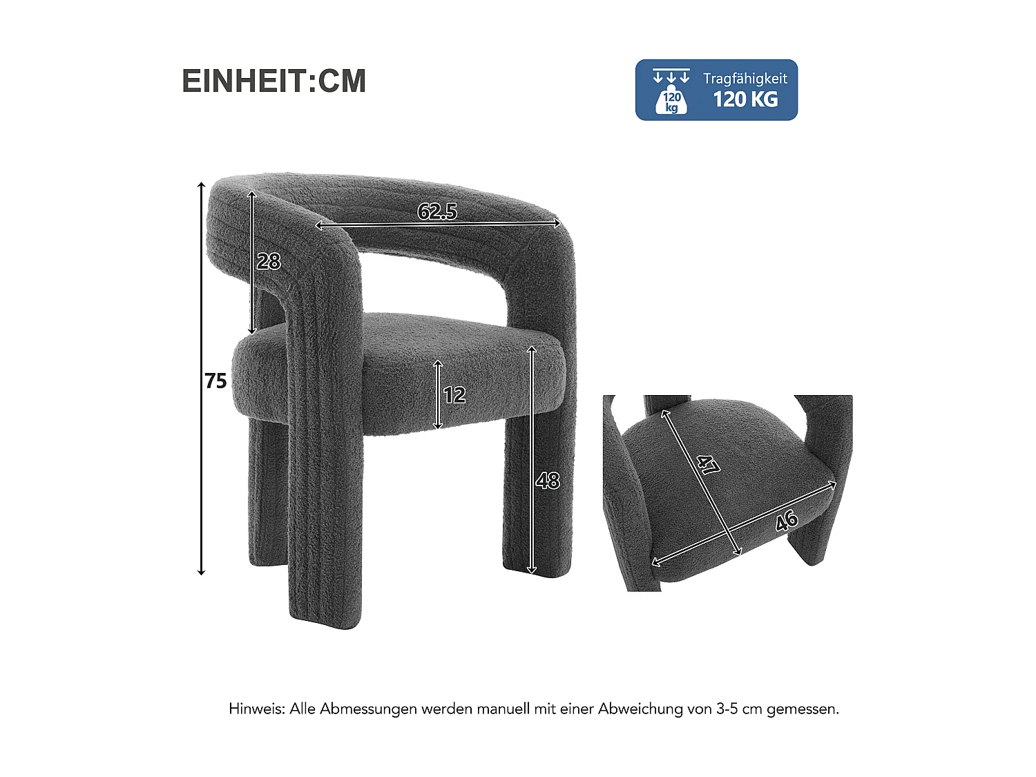 Lot de 2 fauteuils en peluche avec accoudoirs - 62.5 x 47 x 75 cm - pour salon ou chambre - Gris