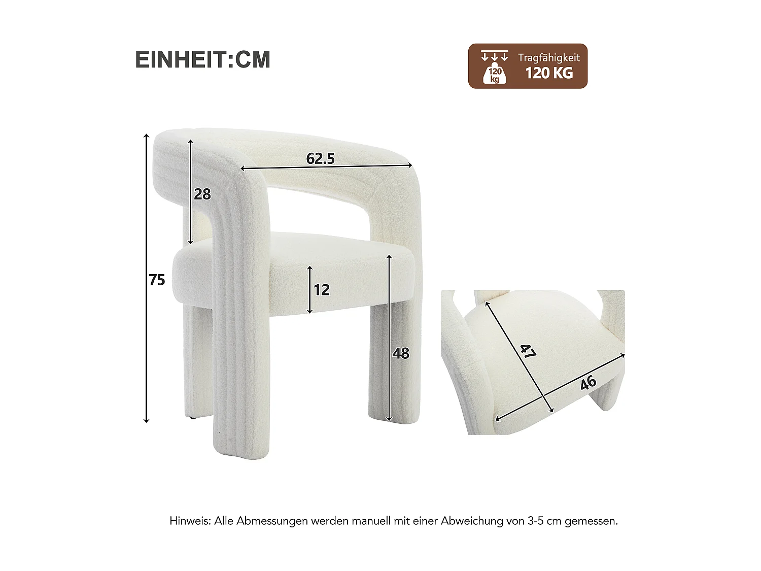Set van 2 pluche fauteuils met armleuningen - 62,5 x 47 x 75 cm - voor woonkamer of slaapkamer - Wit