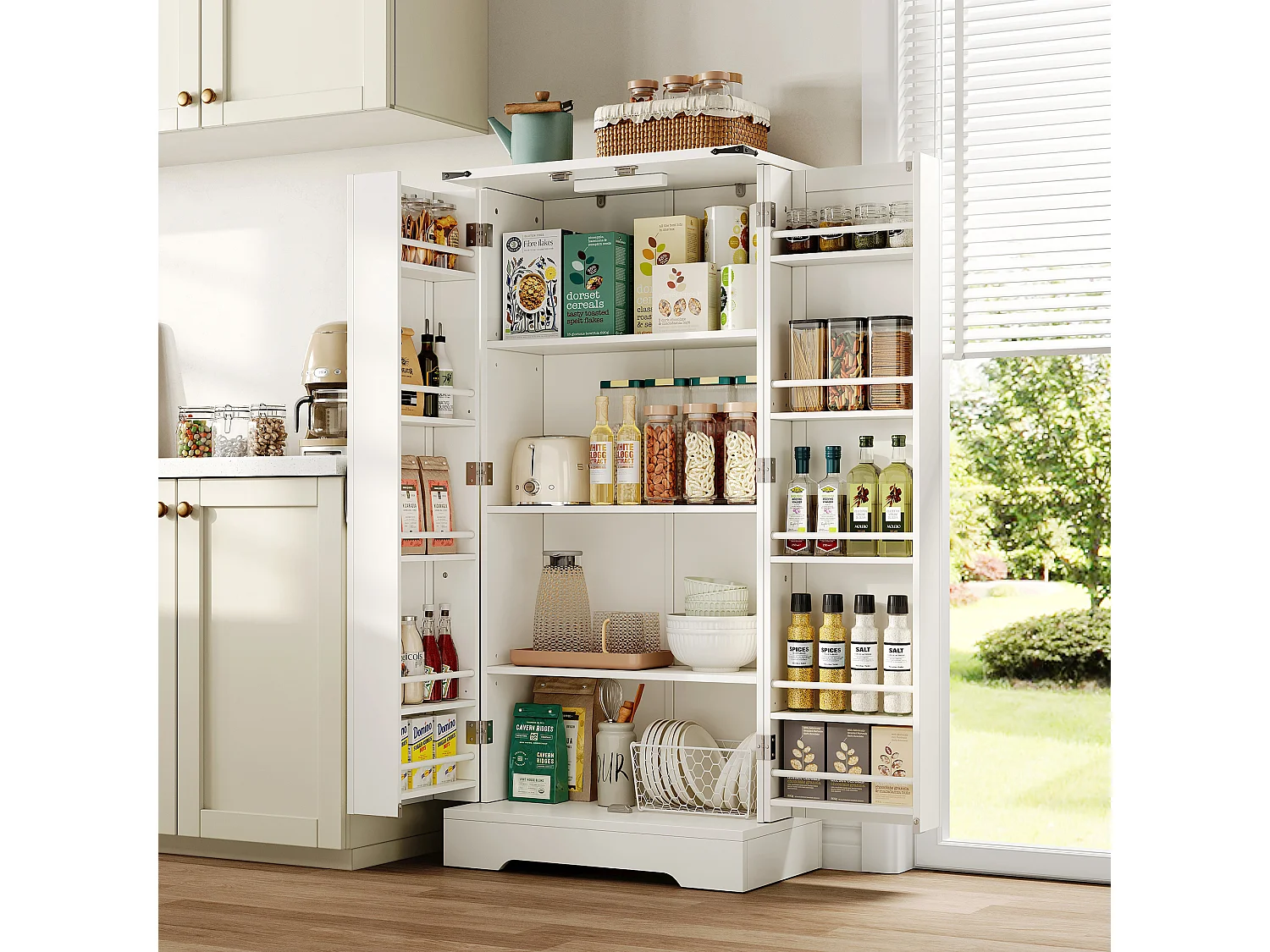 Armoire de Cuisine, Buffet Haut Cuisine - 2 Portes - 60 x 35 x 128.5 - Etagères réglables - MDF - Blanc