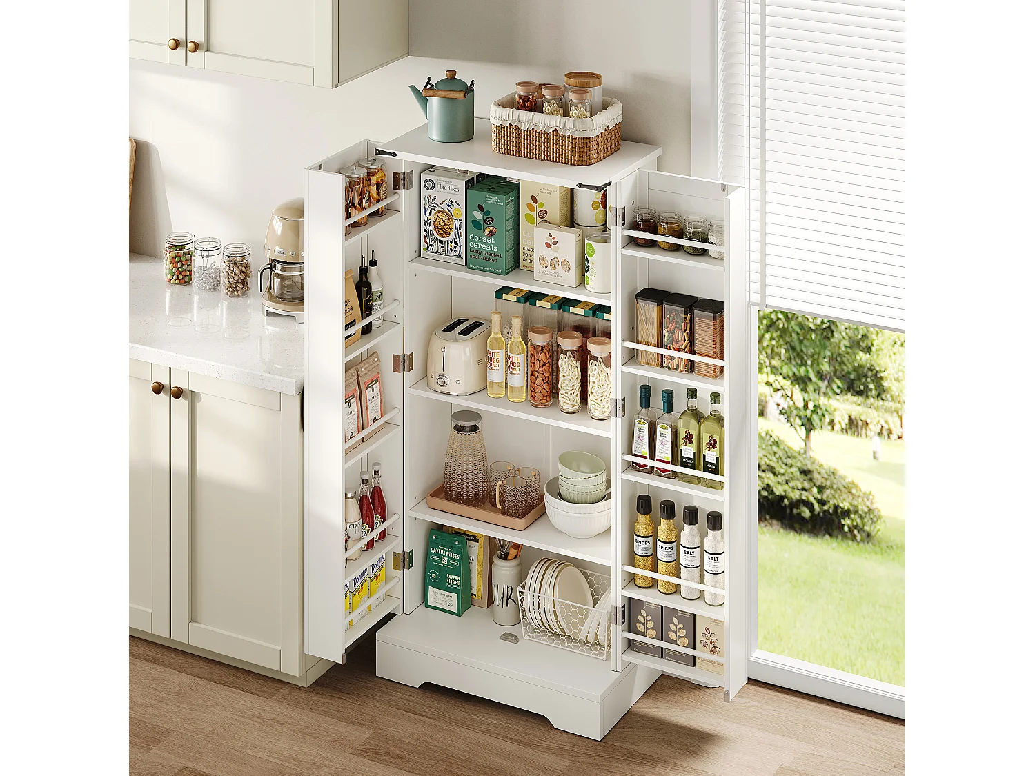 Mobile da cucina, credenza alta da cucina - 2 ante - 60 x 35 x 128,5 - Ripiani regolabili - MDF - Bianco