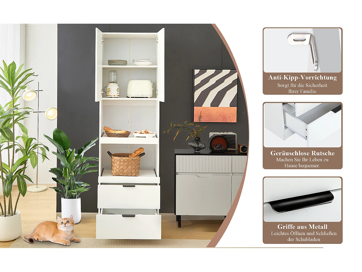 Buffet de cuisine avec 2 portes, 2 tiroirs et étagères - 59.5 x 45 x 200 cm - Bois MDF - Blanc