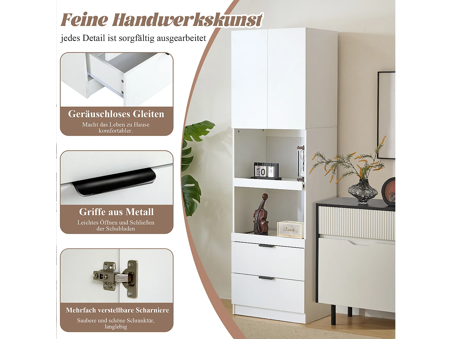 Küchen-Sideboard mit 2 Türen, 2 Schubladen und Regalen - 59,5 x 45 x 200 cm - MDF-Holz - Weiß