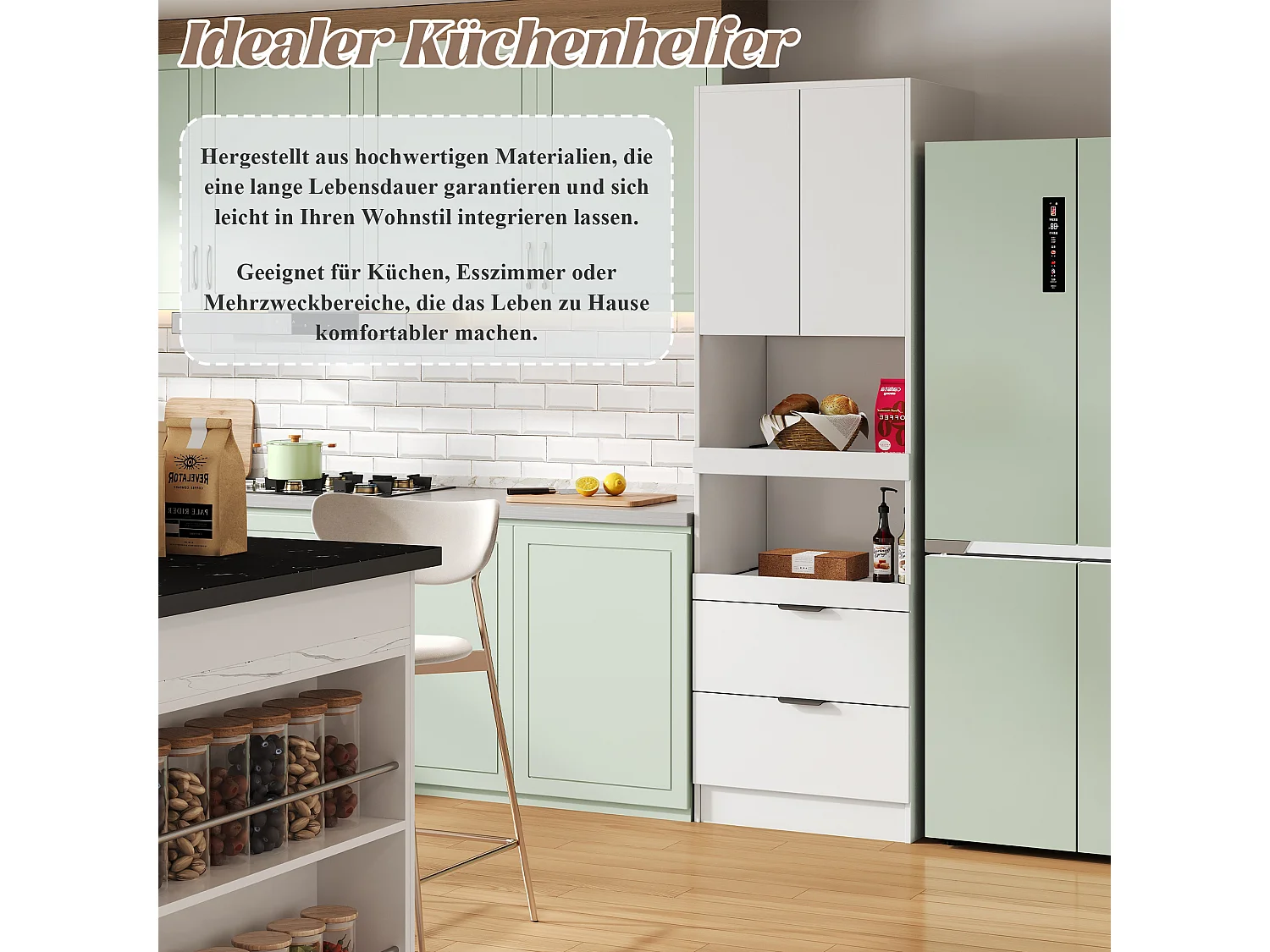 Küchen-Sideboard mit 2 Türen, 2 Schubladen und Regalen - 59,5 x 45 x 200 cm - MDF-Holz - Weiß