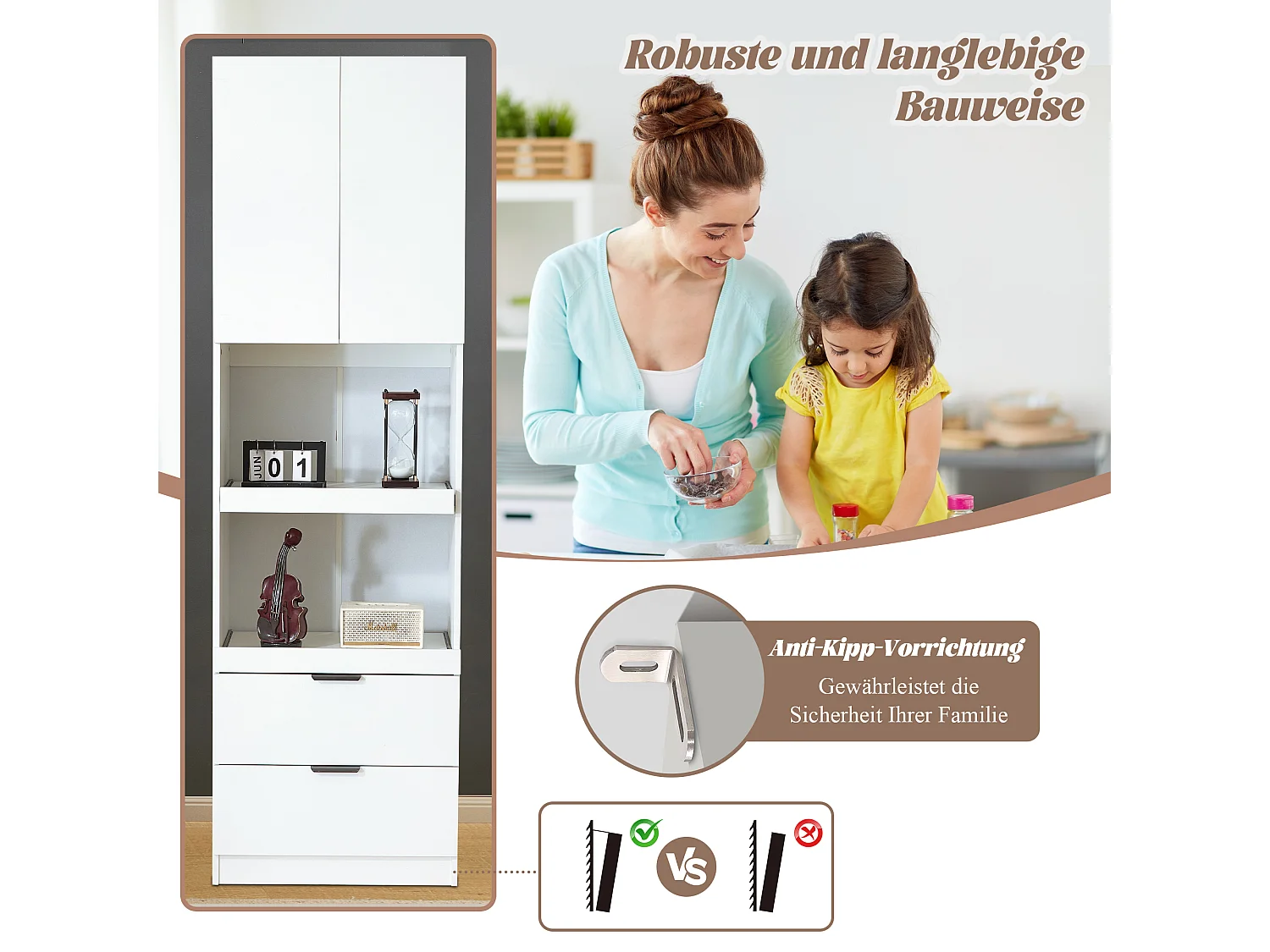 Küchen-Sideboard mit 2 Türen, 2 Schubladen und Regalen - 59,5 x 45 x 200 cm - MDF-Holz - Weiß