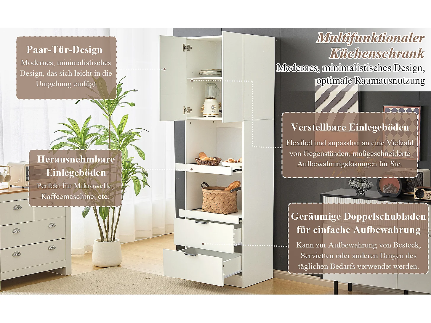 Küchen-Sideboard mit 2 Türen, 2 Schubladen und Regalen - 59,5 x 45 x 200 cm - MDF-Holz - Weiß