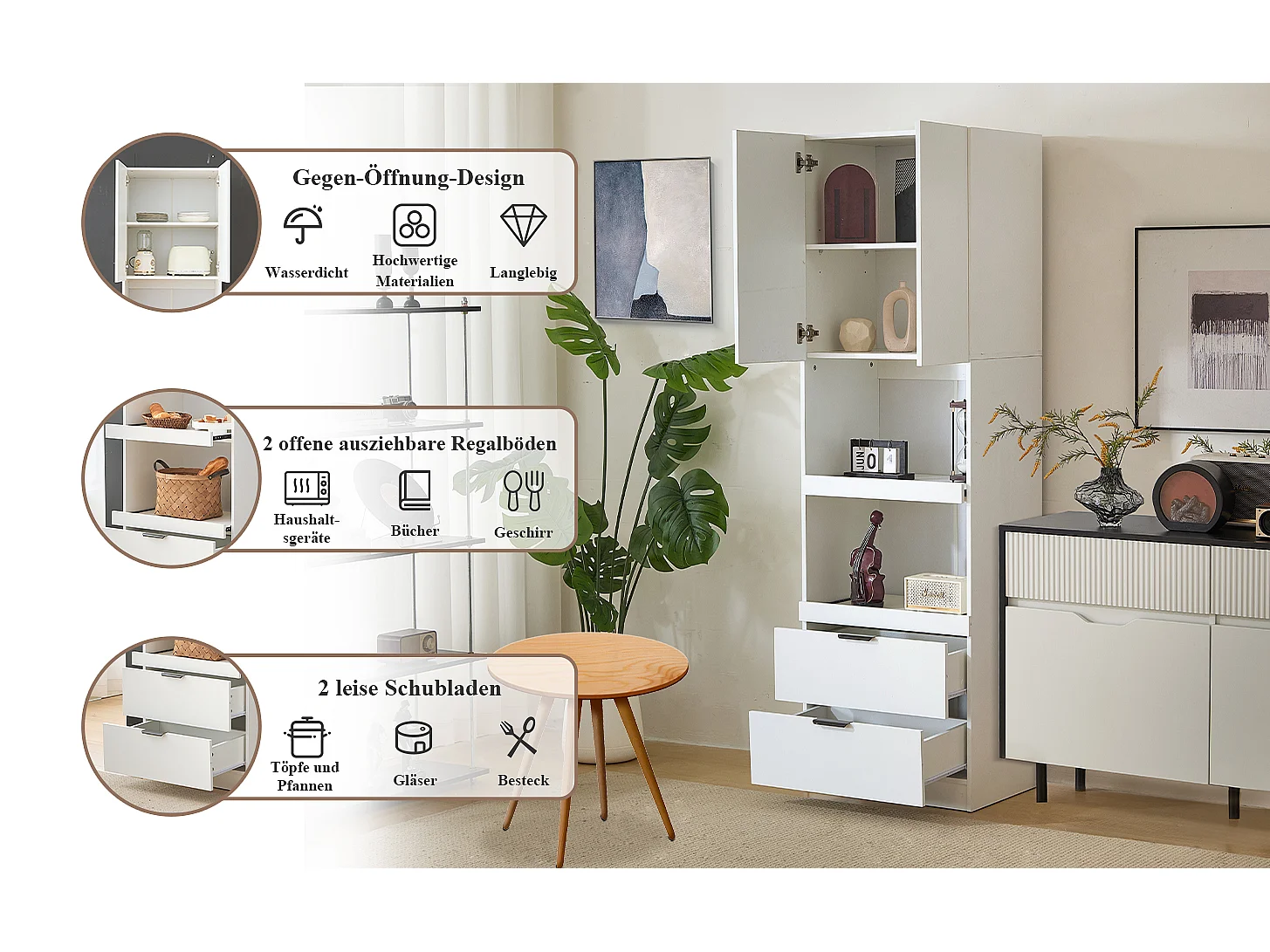 Küchen-Sideboard mit 2 Türen, 2 Schubladen und Regalen - 59,5 x 45 x 200 cm - MDF-Holz - Weiß