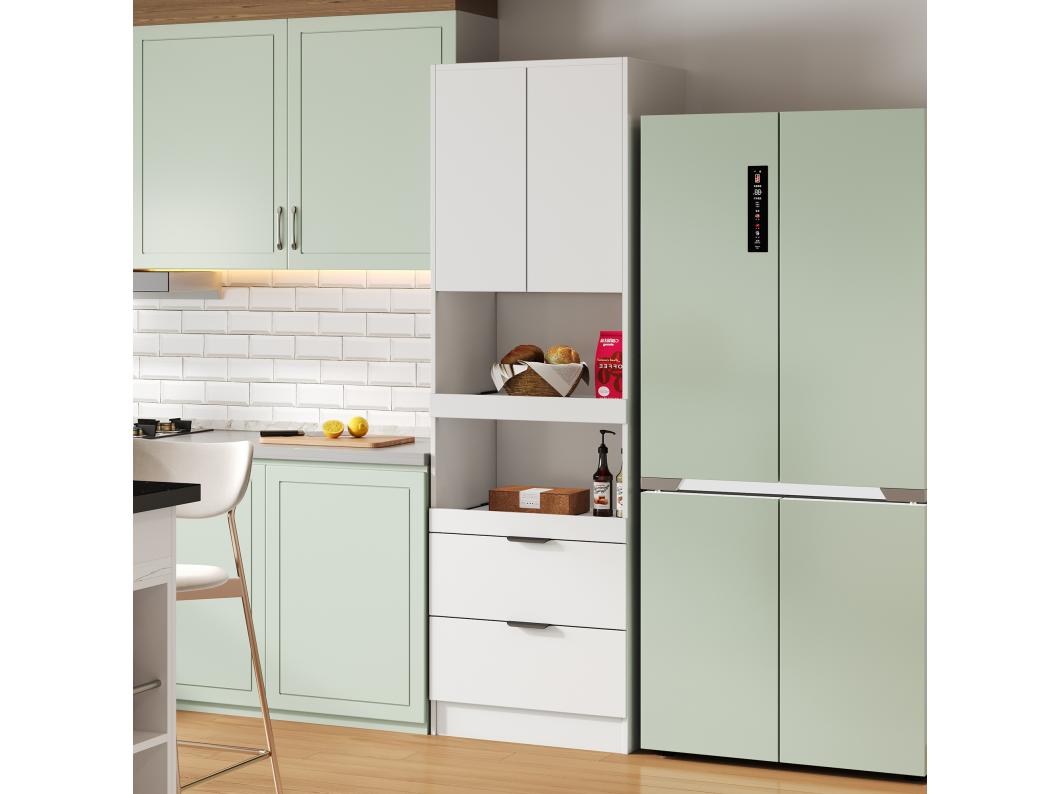 Keuken dressoir met 2 deuren, 2 lades en planken - 59,5 x 45 x 200 cm - MDF hout - Wit