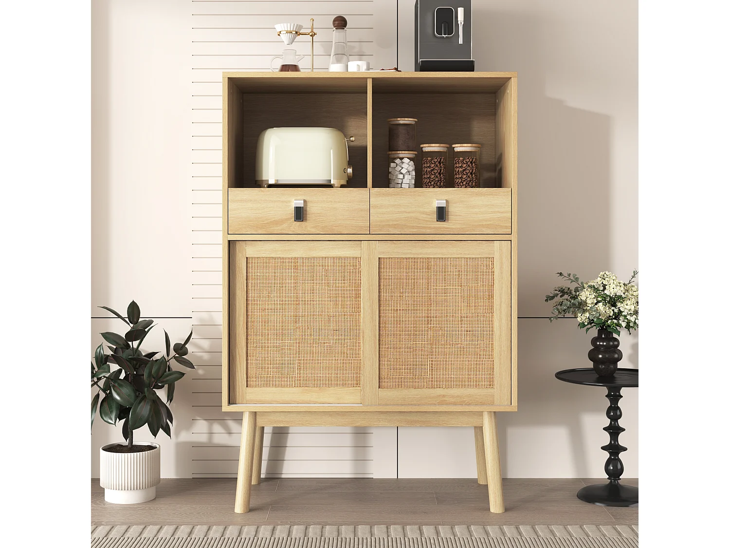 Buffet de cuisine avec 2 tiroirs et 2 portes coulissantes en rotin - 80 x 39,5 x 120 cm - Panneau de particules - Coloris bois