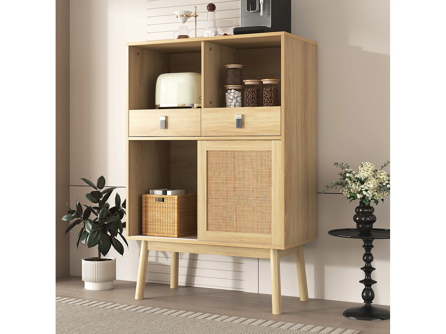 Buffet de cuisine avec 2 tiroirs et 2 portes coulissantes en rotin - 80 x 39,5 x 120 cm - Panneau de particules - Coloris bois