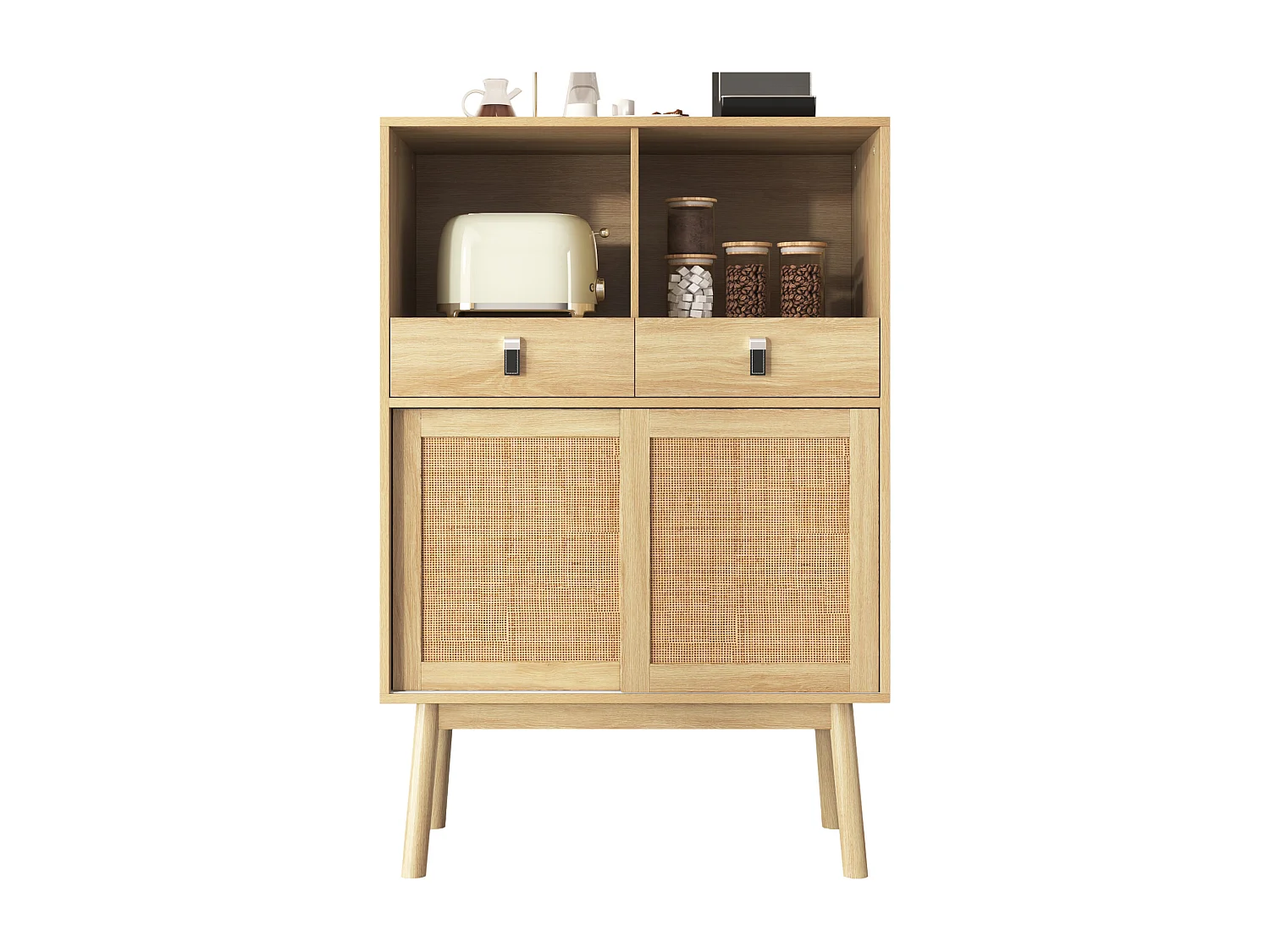 Buffet de cuisine avec 2 tiroirs et 2 portes coulissantes en rotin - 80 x 39,5 x 120 cm - Panneau de particules - Coloris bois