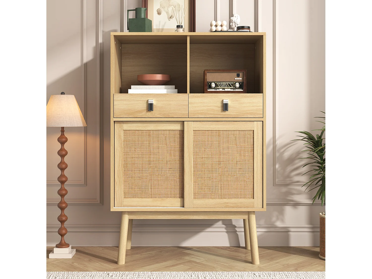Buffet de cuisine avec 2 tiroirs et 2 portes coulissantes en rotin - 80 x 39,5 x 120 cm - Panneau de particules - Coloris bois