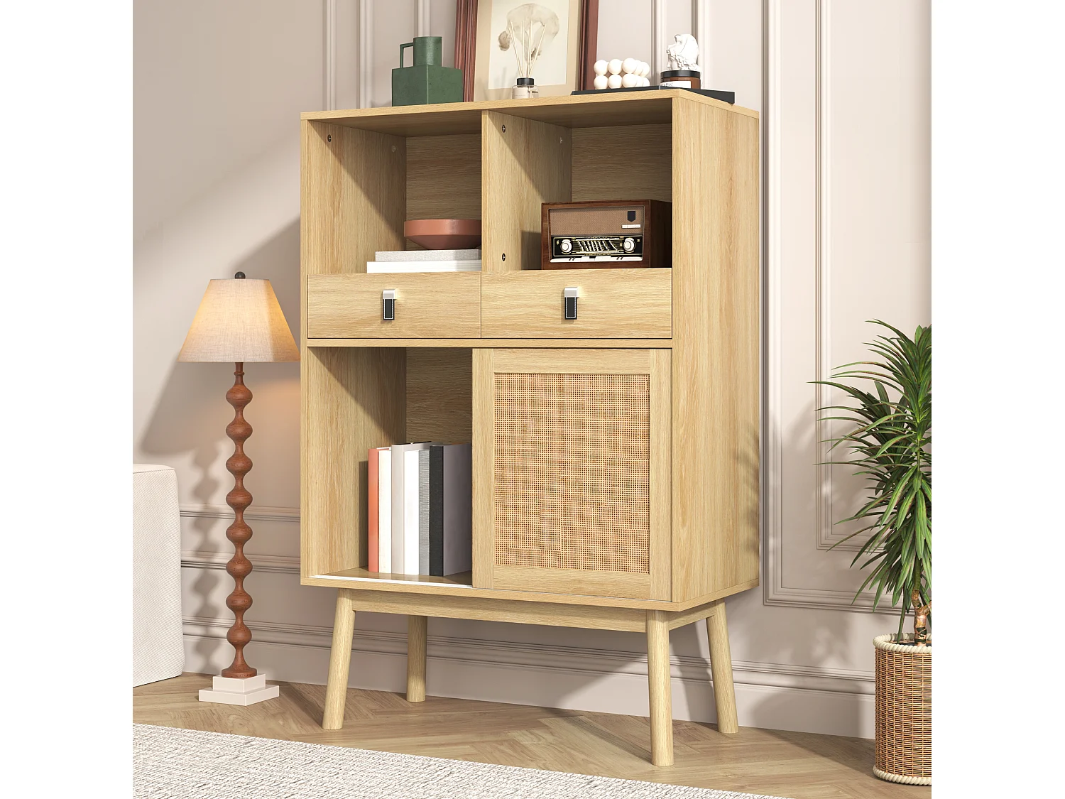 Buffet de cuisine avec 2 tiroirs et 2 portes coulissantes en rotin - 80 x 39,5 x 120 cm - Panneau de particules - Coloris bois