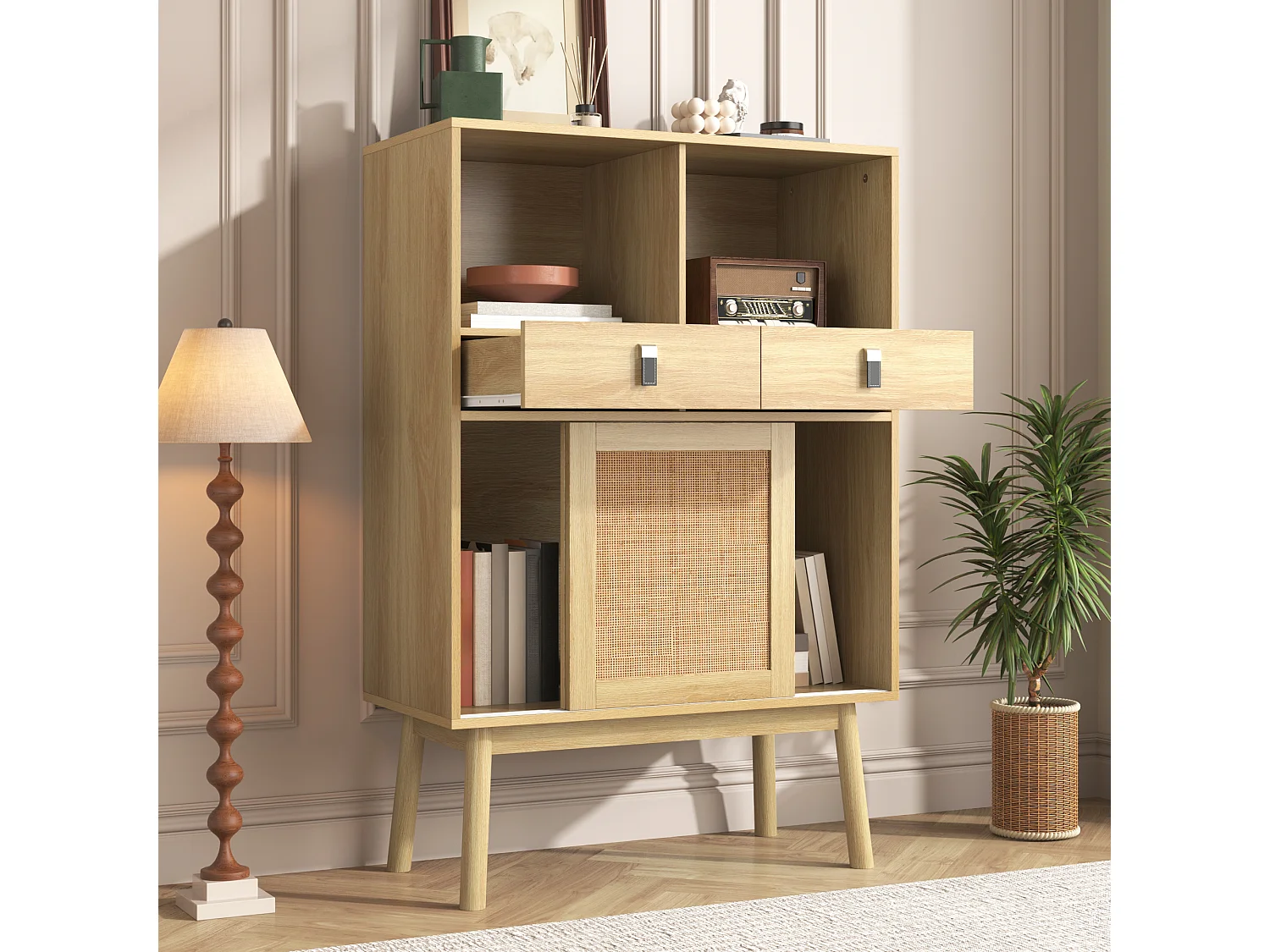 Buffet de cuisine avec 2 tiroirs et 2 portes coulissantes en rotin - 80 x 39,5 x 120 cm - Panneau de particules - Coloris bois