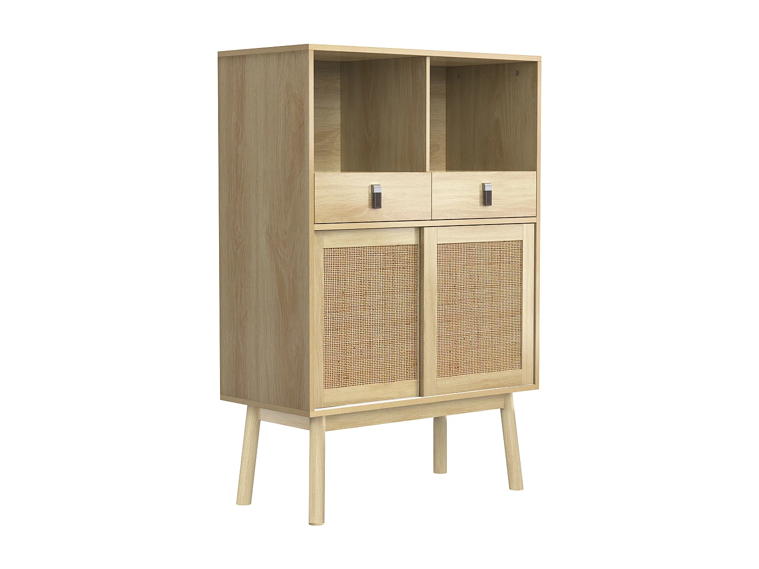 Buffet de cuisine avec 2 tiroirs et 2 portes coulissantes en rotin - 80 x 39,5 x 120 cm - Panneau de particules - Coloris bois