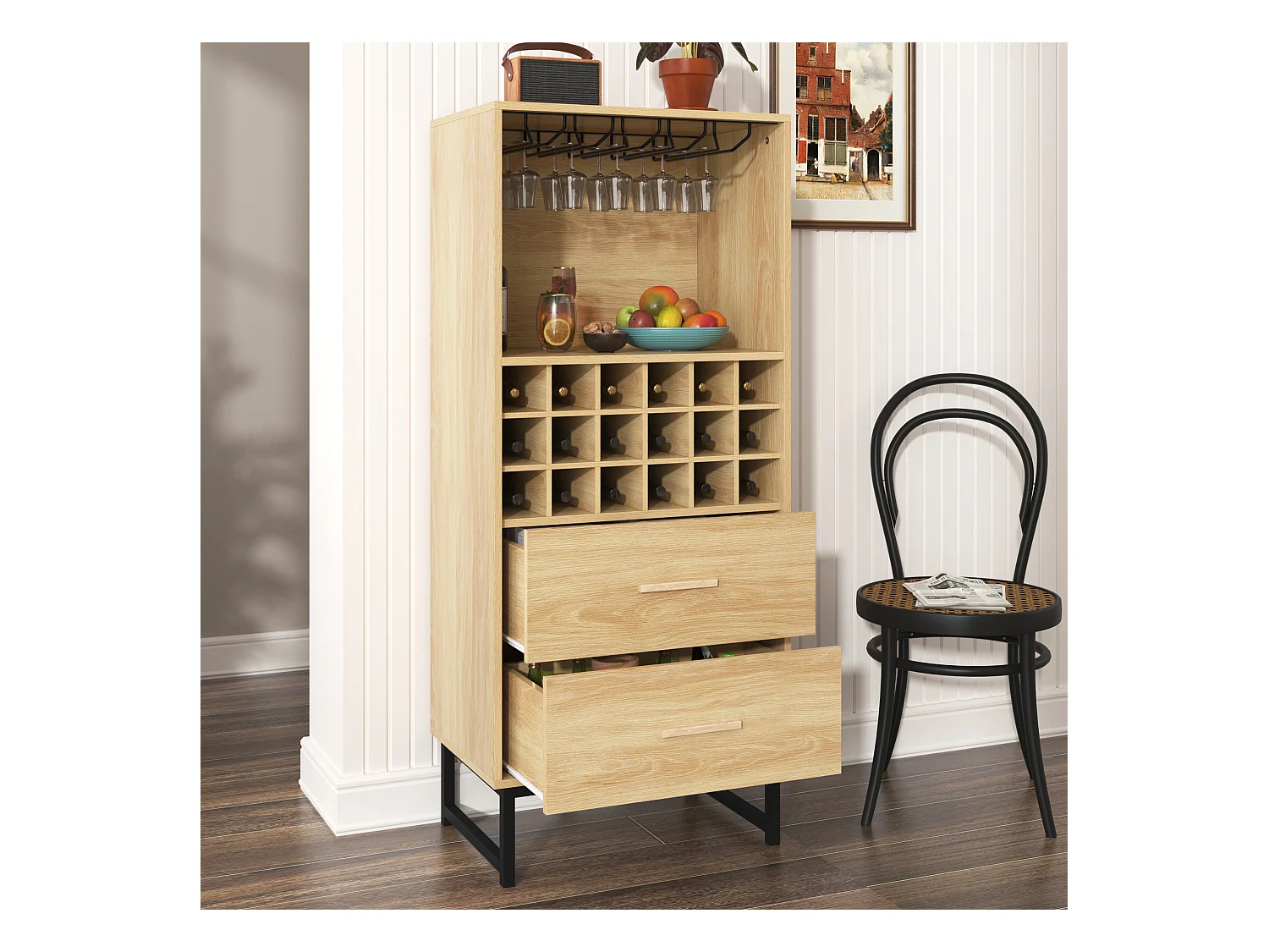 Komoda kuchenna z regałem na 18 butelek wina i 2 szufladami - 60 x 39,5 x 141 cm - Płyta wiórowa - Kolor drewna