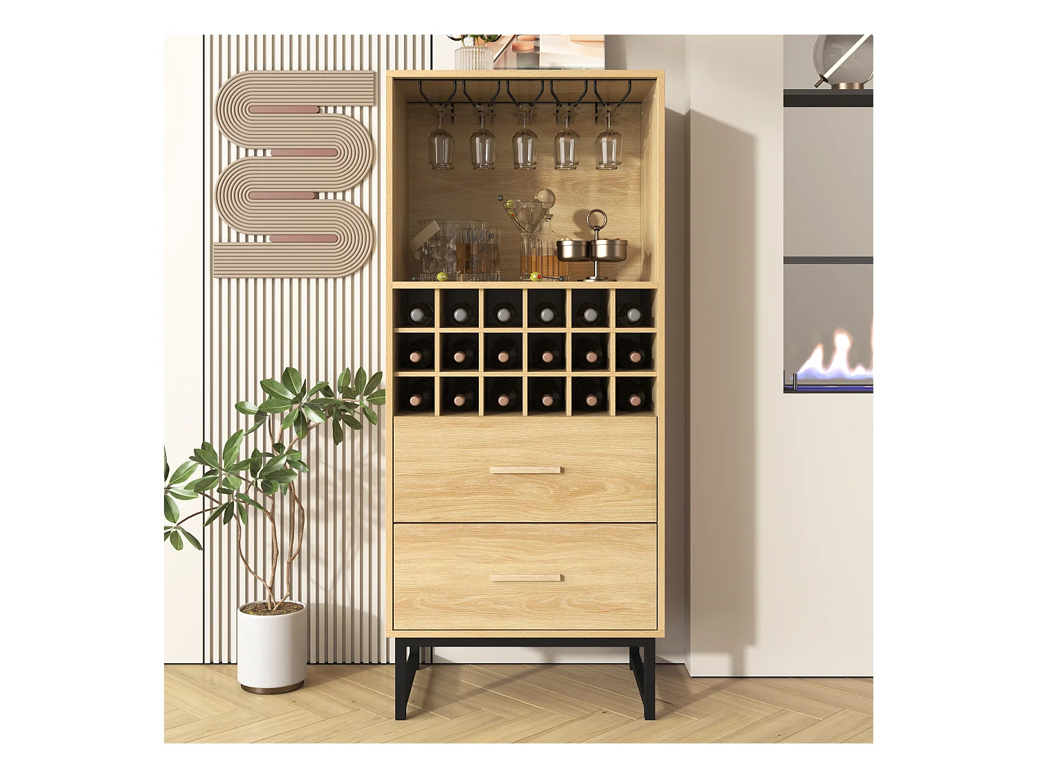 Komoda kuchenna z regałem na 18 butelek wina i 2 szufladami - 60 x 39,5 x 141 cm - Płyta wiórowa - Kolor drewna