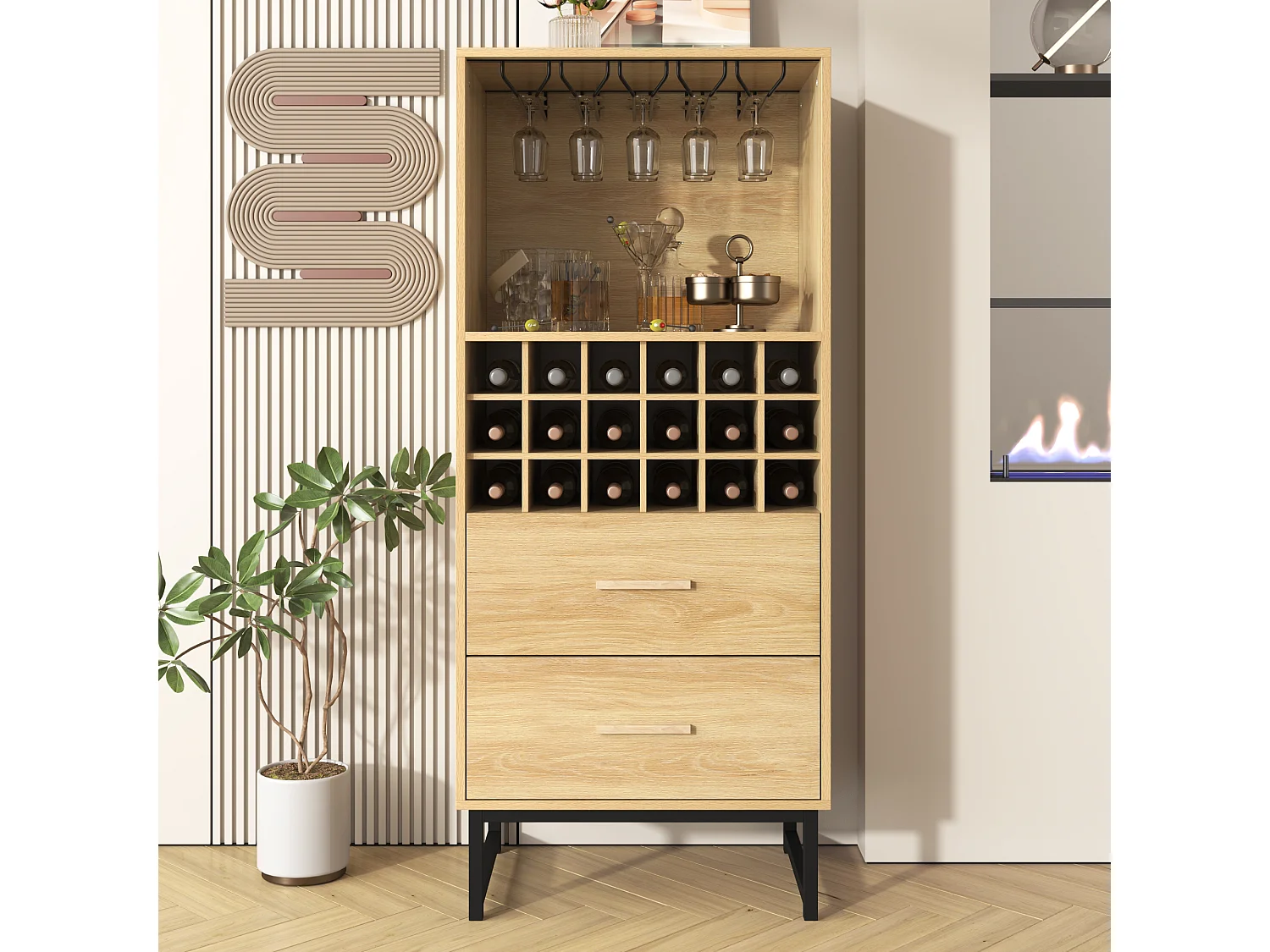 Credenza da cucina con portabottiglie per 18 bottiglie e 2 cassetti - 60 x 39,5 x 141 cm - Pannello truciolare - Colore legno