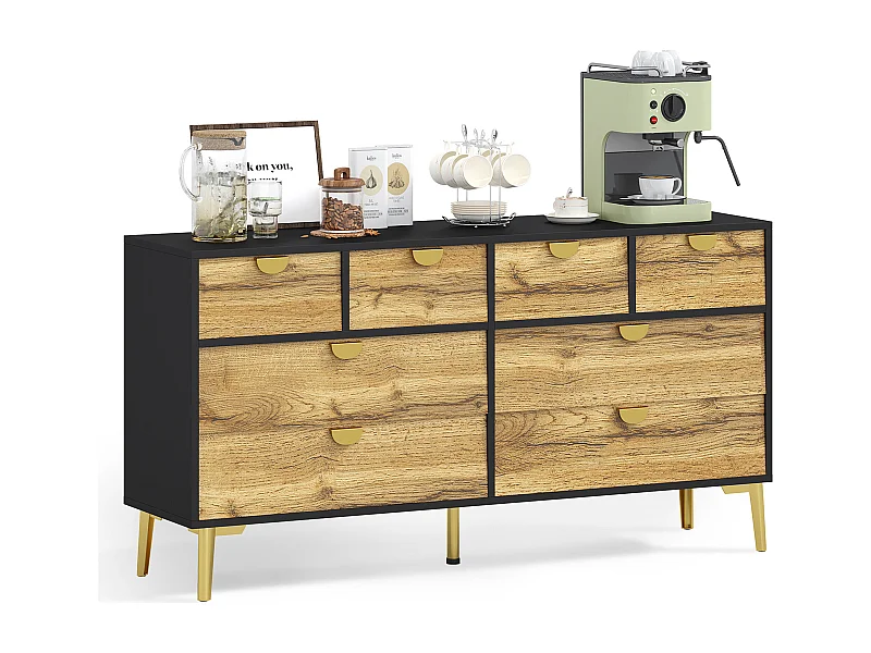 Küchen-Sideboard mit 8 Schubladen - 150 x 40 x 78 cm - Griff und Füße aus goldenem Metall - Schwarz und Natur