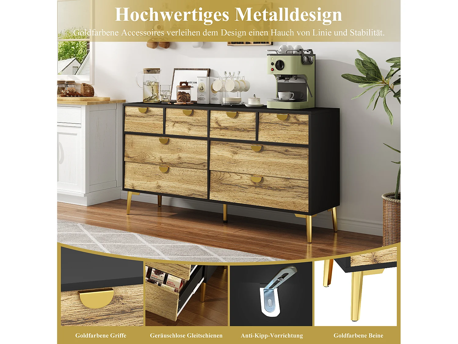 Keuken dressoir met 8 lades - 150 x 40 x 78 cm - Gouden metalen handgreep en poten - Zwart en naturel