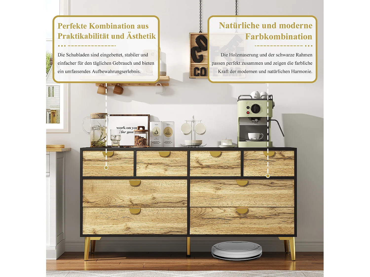 Keuken dressoir met 8 lades - 150 x 40 x 78 cm - Gouden metalen handgreep en poten - Zwart en naturel