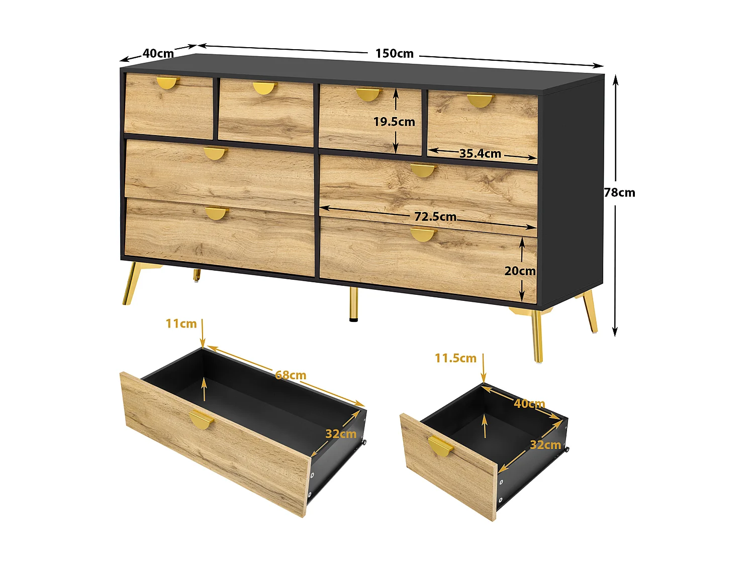Keuken dressoir met 8 lades - 150 x 40 x 78 cm - Gouden metalen handgreep en poten - Zwart en naturel