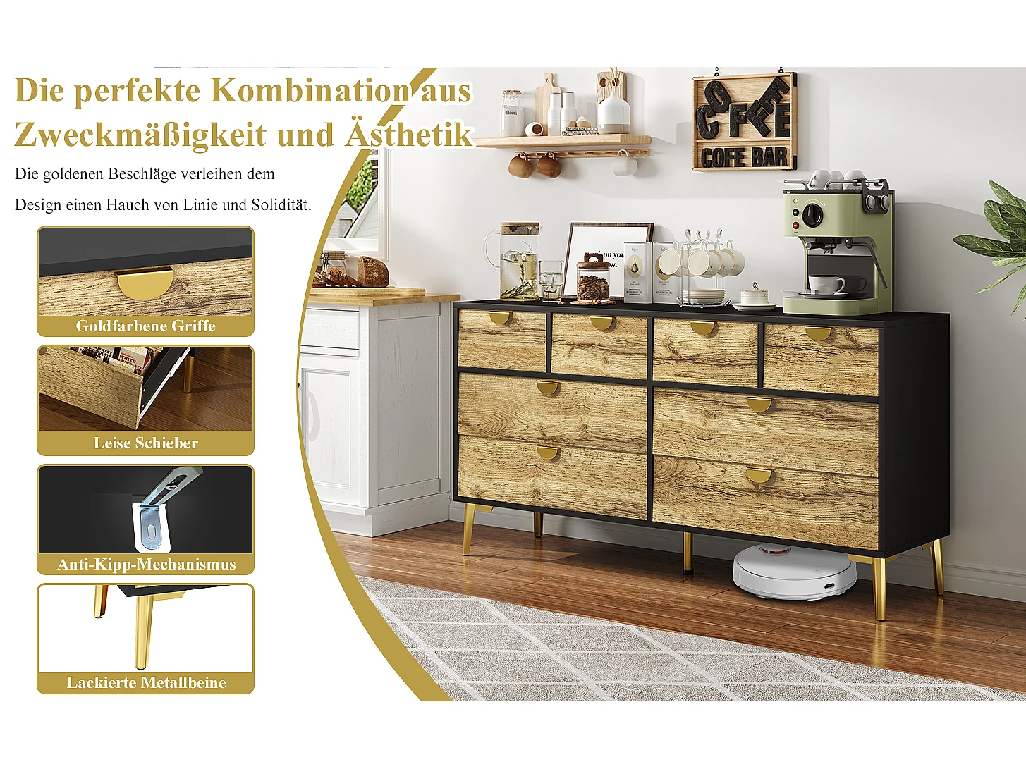 Keuken dressoir met 8 lades - 150 x 40 x 78 cm - Gouden metalen handgreep en poten - Zwart en naturel