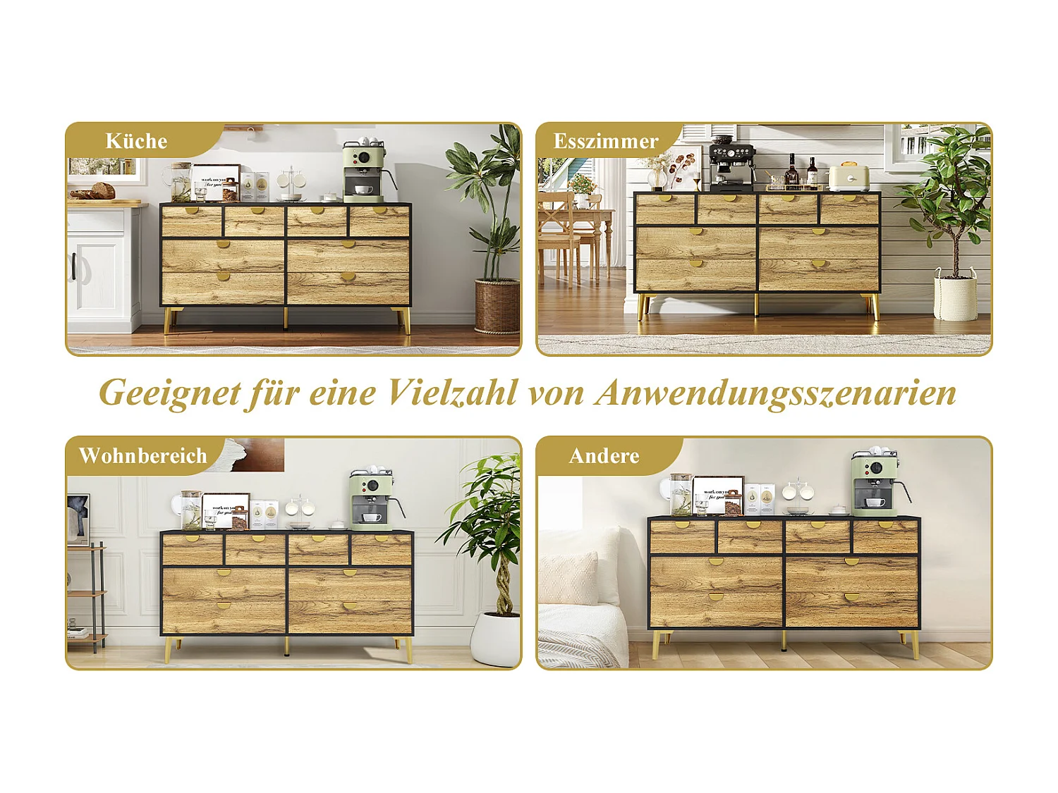 Keuken dressoir met 8 lades - 150 x 40 x 78 cm - Gouden metalen handgreep en poten - Zwart en naturel