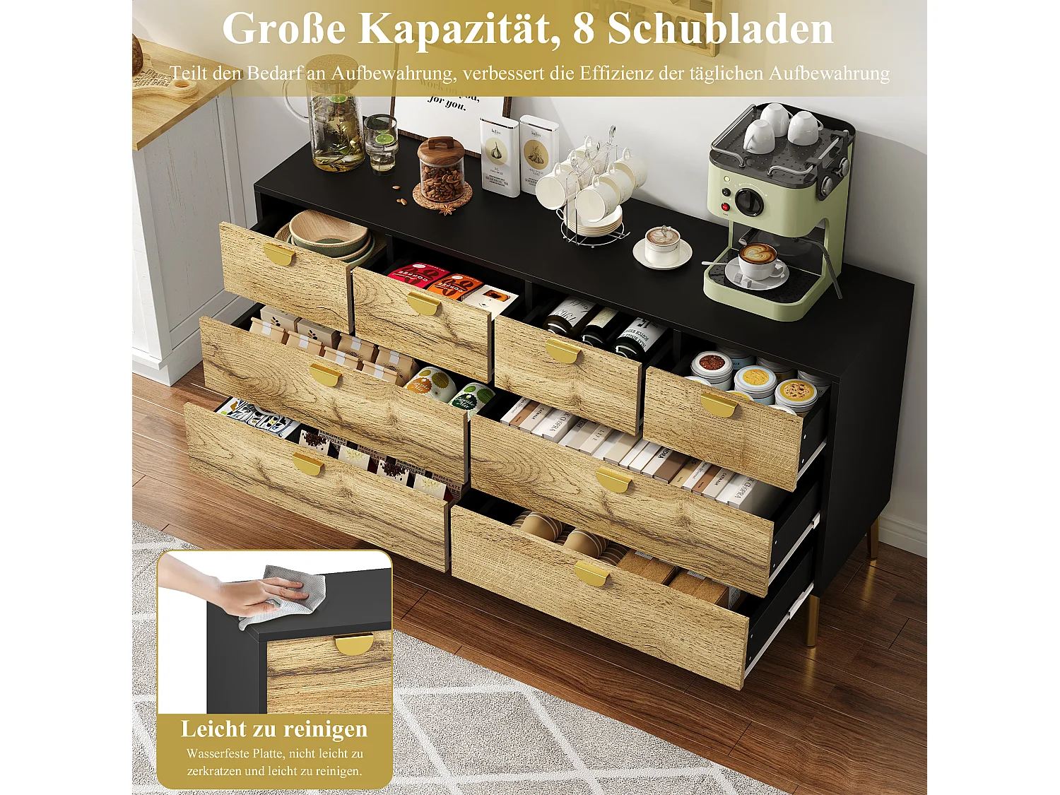 Buffet de cuisine avec 8 tiroirs - 150 x 40 x 78 cm - Poignée et pieds en métal doré - Noir et naturel