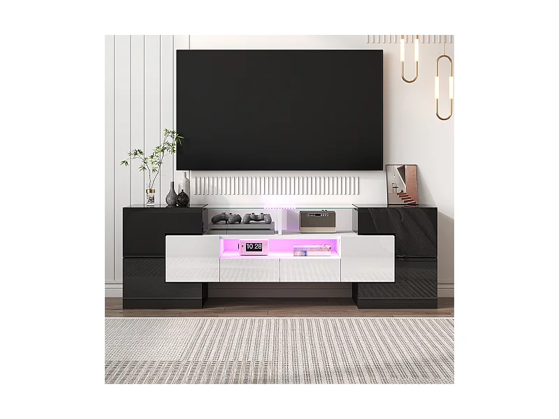 Meuble TV avec 4 portes et 2 tiroirs - 145 x 30 x 51 cm - LEDs - Panneau de particules - Blanc+Noir