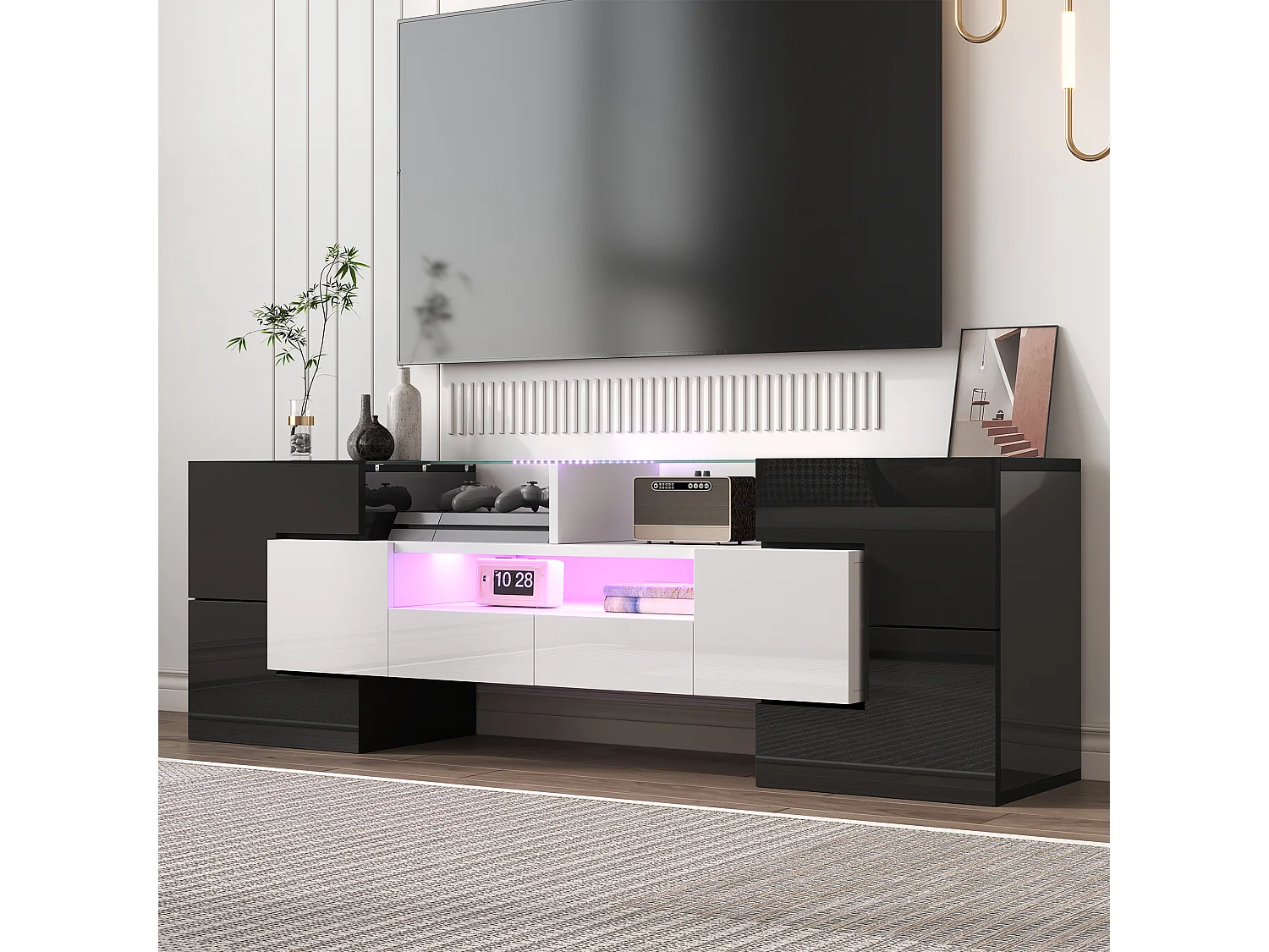 Meuble TV avec 4 portes et 2 tiroirs - 145 x 30 x 51 cm - LEDs - Panneau de particules - Blanc+Noir