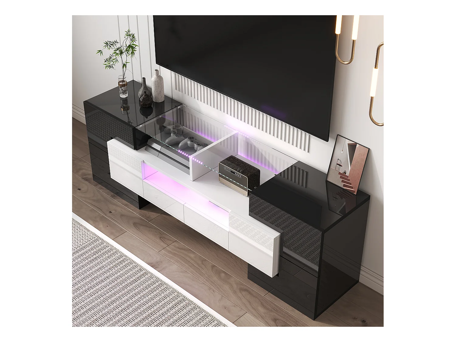 Meuble TV avec 4 portes et 2 tiroirs - 145 x 30 x 51 cm - LEDs - Panneau de particules - Blanc+Noir