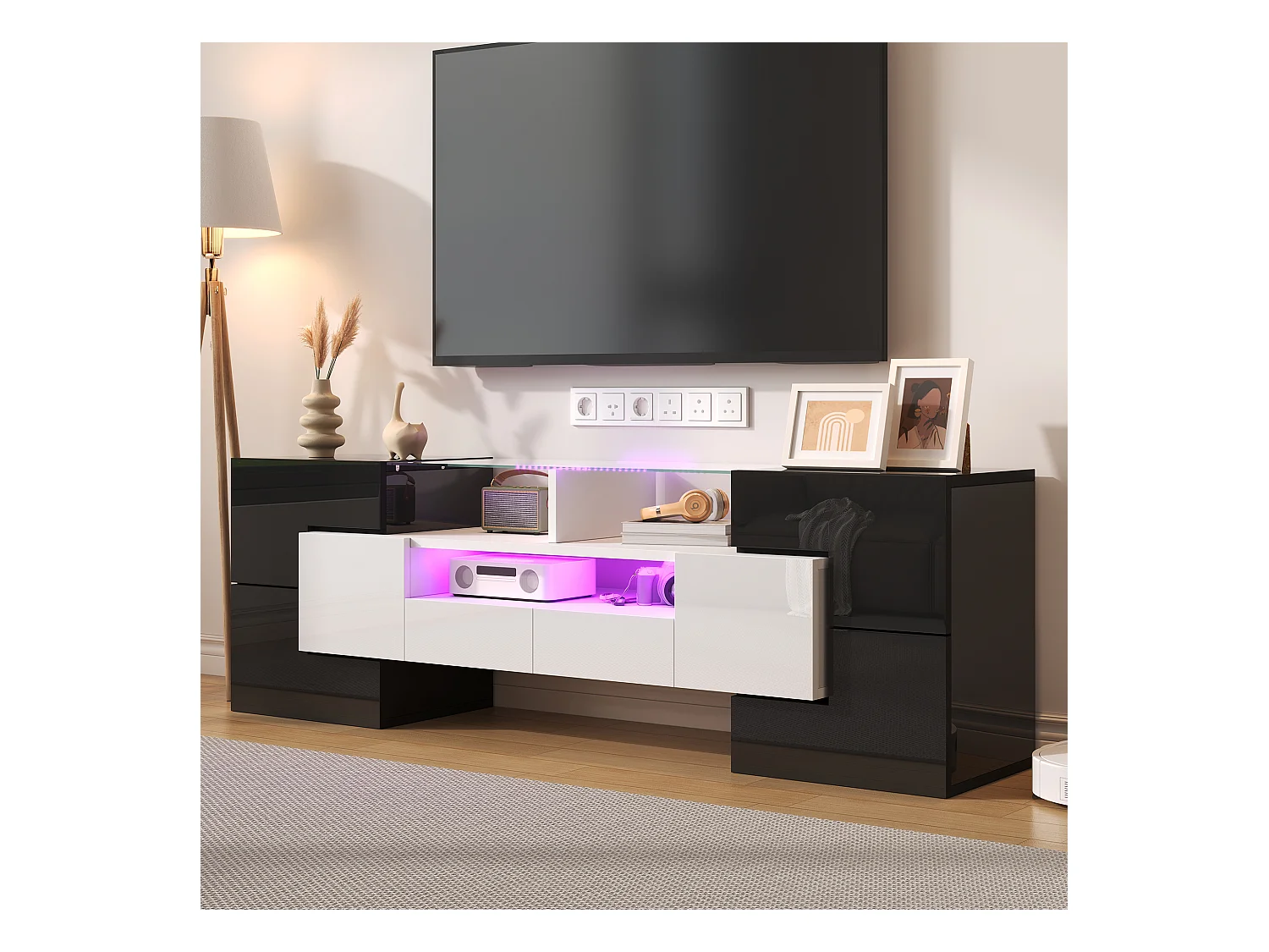 Meuble TV avec 4 portes et 2 tiroirs - 145 x 30 x 51 cm - LEDs - Panneau de particules - Blanc+Noir