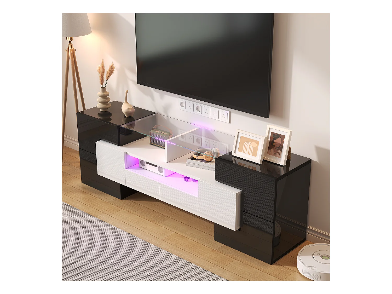 Meuble TV avec 4 portes et 2 tiroirs - 145 x 30 x 51 cm - LEDs - Panneau de particules - Blanc+Noir