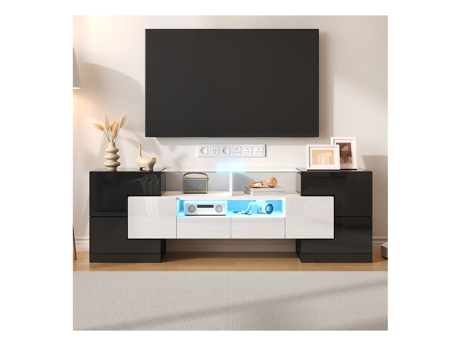 Meuble TV avec 4 portes et 2 tiroirs - 145 x 30 x 51 cm - LEDs - Panneau de particules - Blanc+Noir