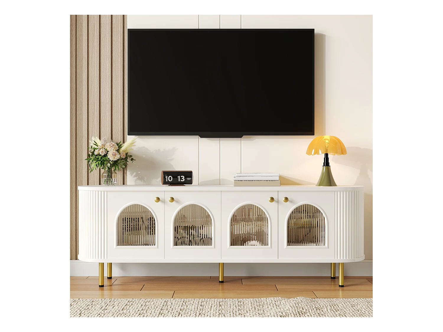 Meuble TV avec 4 portes - 170 x 35 x 55 cm - LEDs - MDF et pièds en métal doré - Blanc