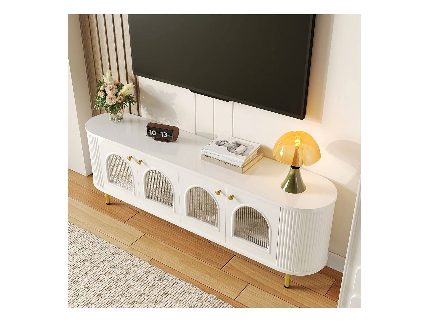 Meuble TV avec 4 portes - 170 x 35 x 55 cm - LEDs - MDF et pièds en métal doré - Blanc