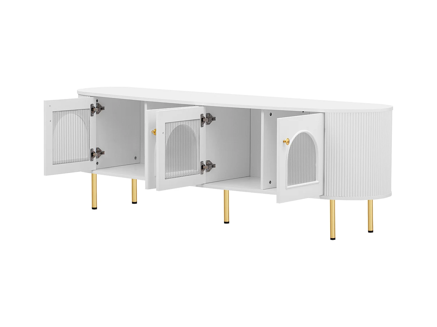 Meuble TV avec 4 portes - 170 x 35 x 55 cm - LEDs - MDF et pièds en métal doré - Blanc