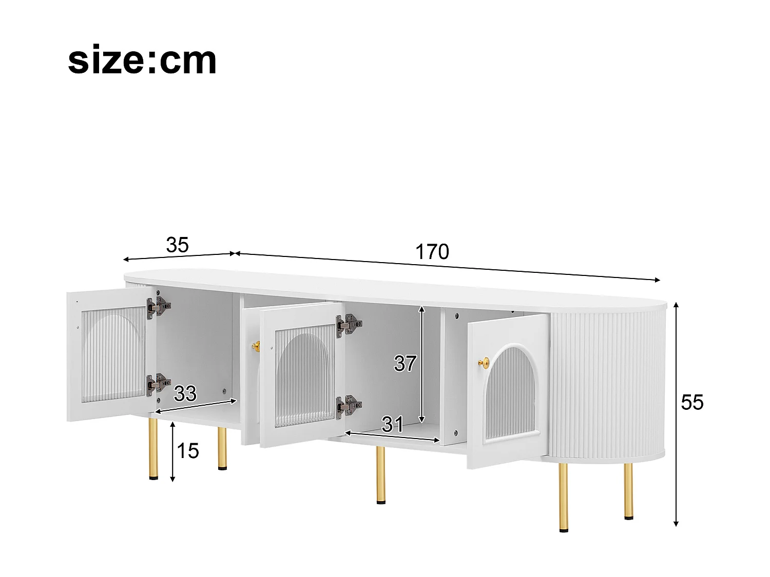 Meuble TV avec 4 portes - 170 x 35 x 55 cm - LEDs - MDF et pièds en métal doré - Blanc