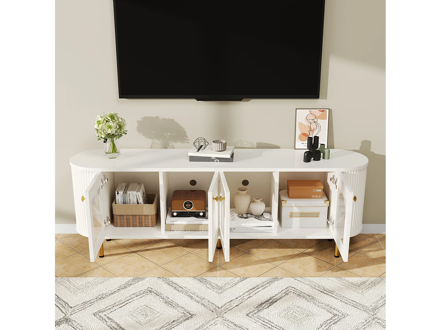 TV-Schrank mit 4 Türen - 170 x 35 x 55 cm - LEDs - MDF und goldene Metallbeine - Weiß