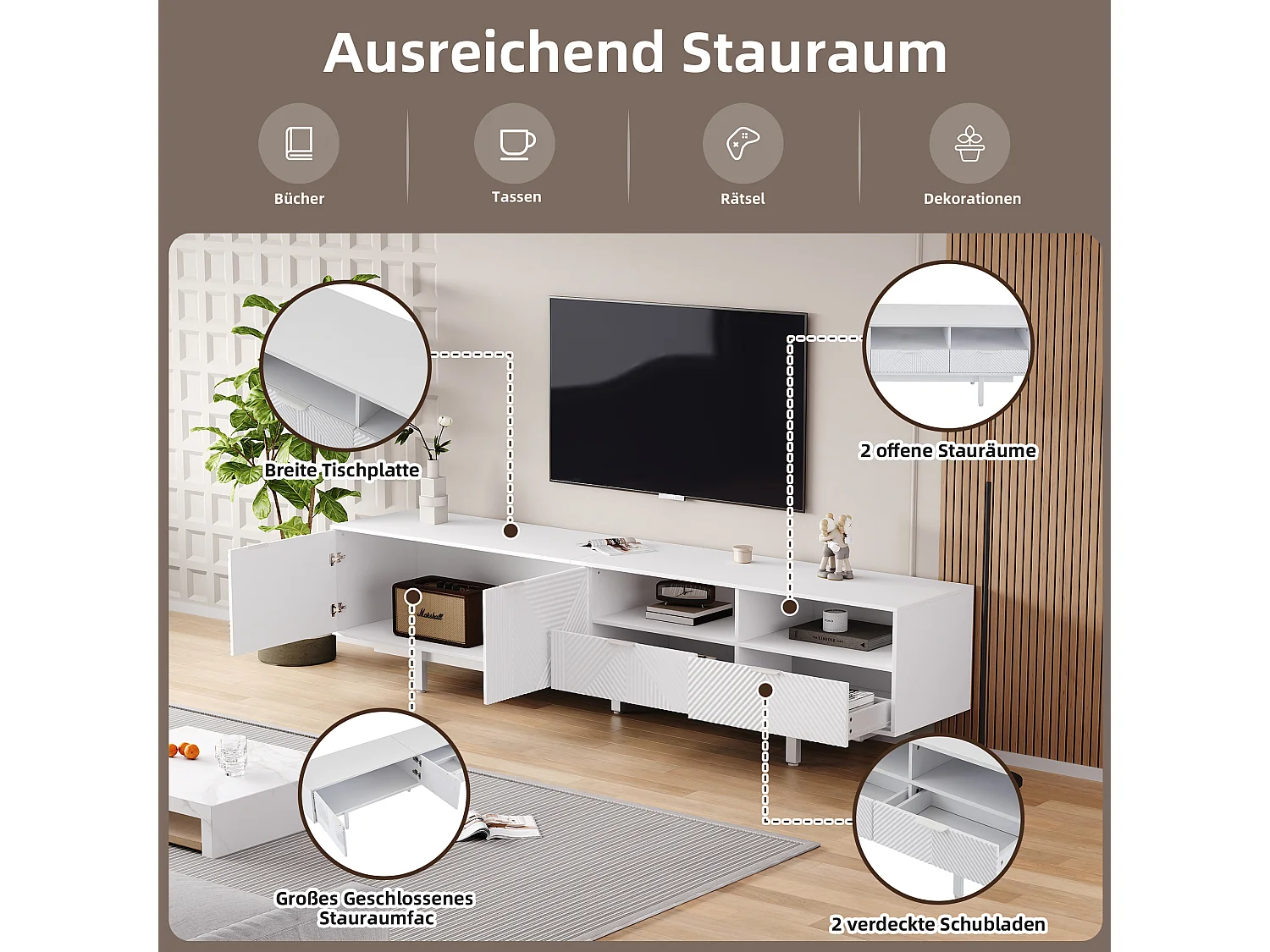 Bohemian TV-meubel met 2 deuren en 2 lades - 200 x 40 x 51 cm - Spaanplaat - voor eetkamer - Wit