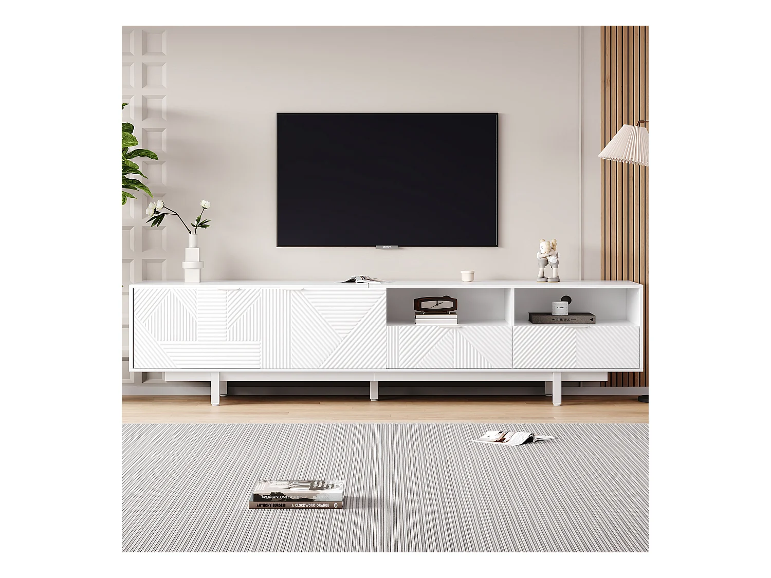 Meuble TV bohème avec 2 portes et 2 tiroirs - 200 x 40 x 51 cm - Panneaux de particules - pour salle à manger - Blanc