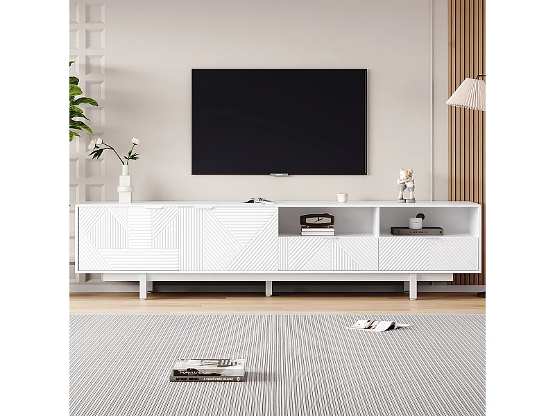 Meuble TV bohème avec 2 portes et 2 tiroirs - 200 x 40 x 51 cm - Panneaux de particules - pour salle à manger - Blanc