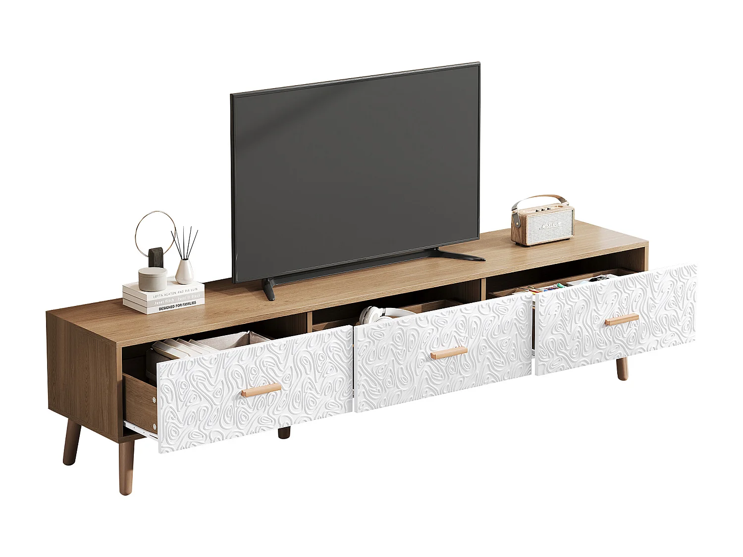 Meuble TV avec 3 tiroirs - 150 x 35 x 39 cm - Panneaux de particules - pour salon - Blanc et bois
