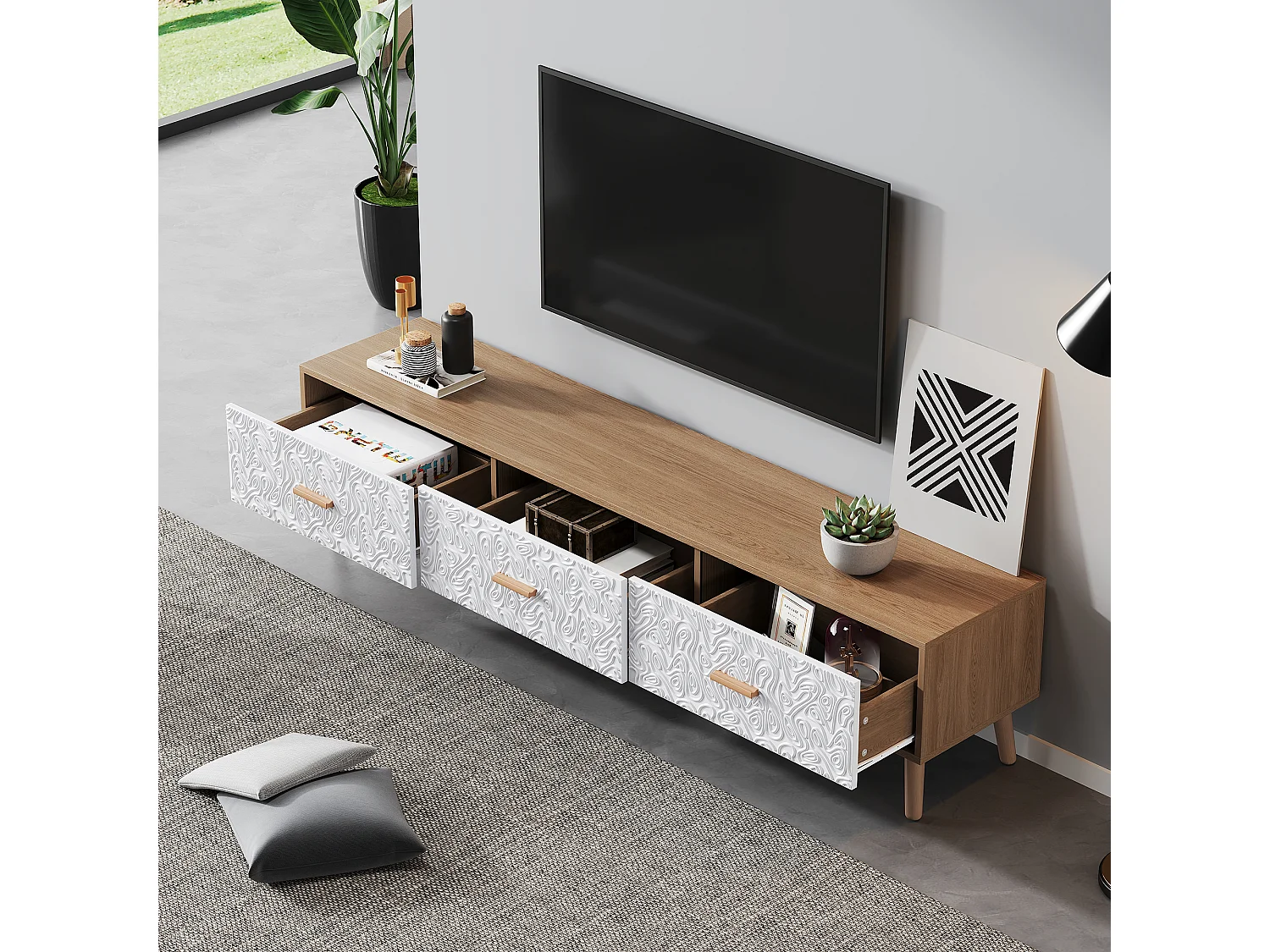 Meuble TV avec 3 tiroirs - 150 x 35 x 39 cm - Panneaux de particules - pour salon - Blanc et bois