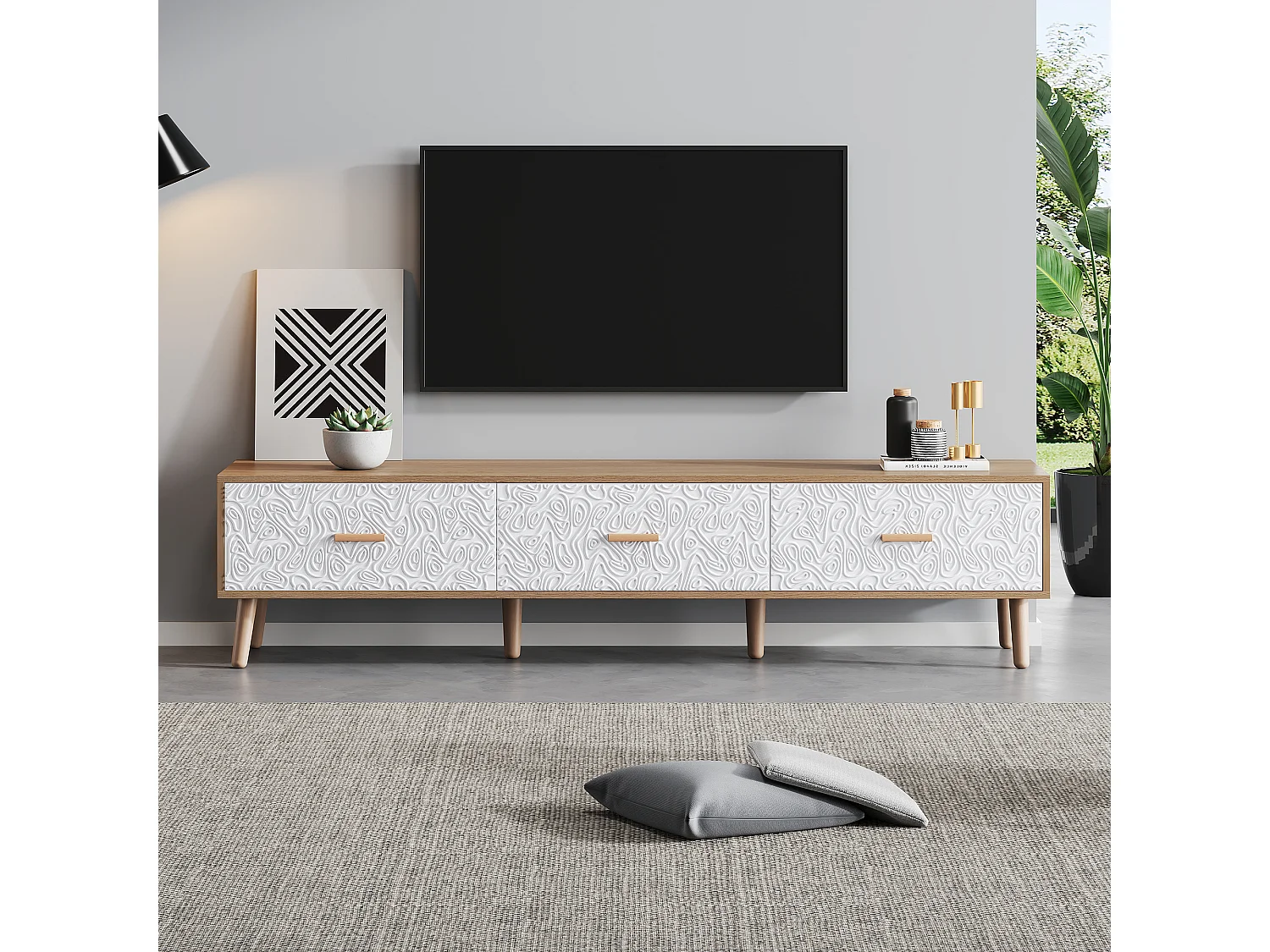 Meuble TV avec 3 tiroirs - 150 x 35 x 39 cm - Panneaux de particules - pour salon - Blanc et bois