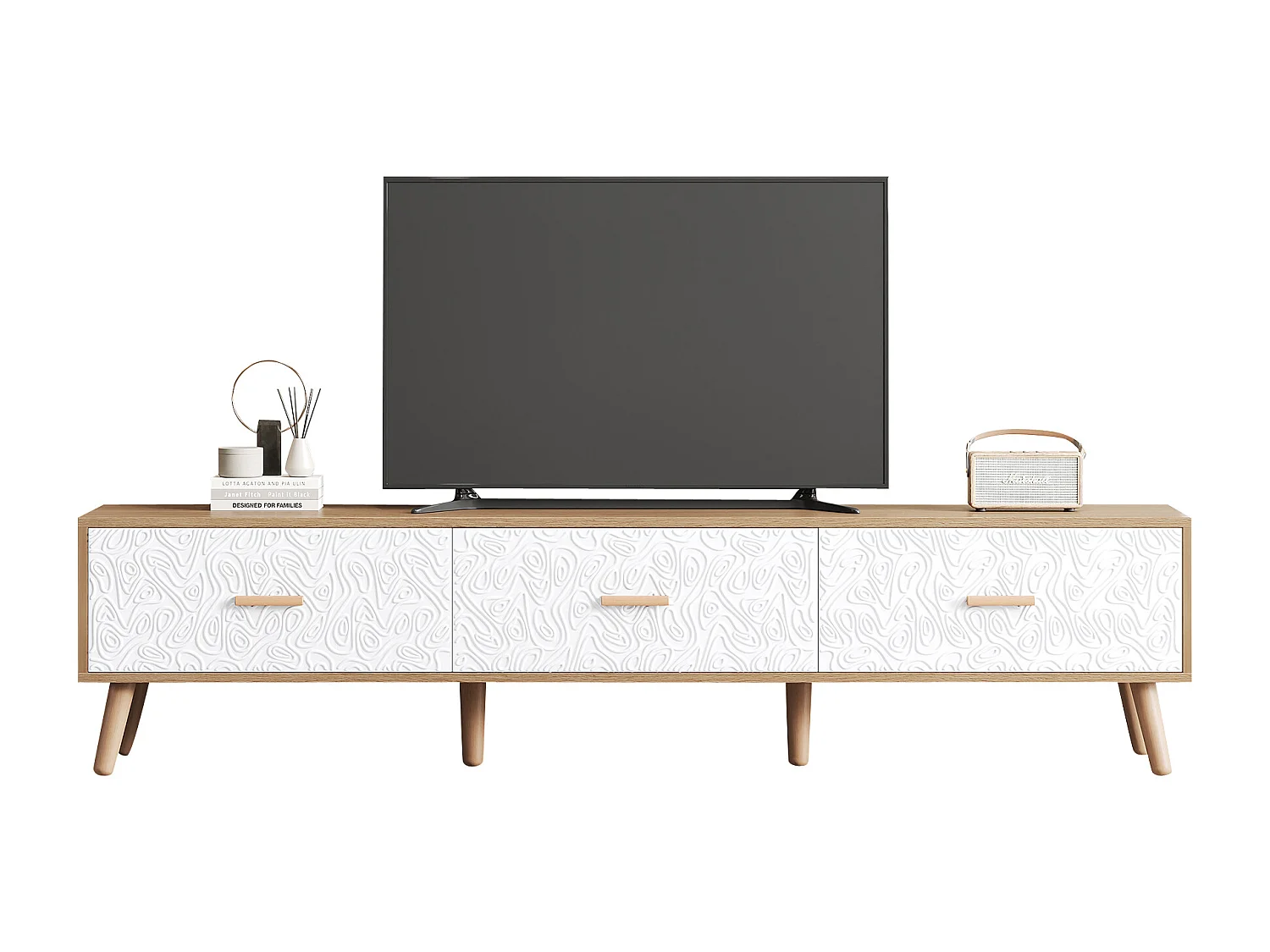 Meuble TV avec 3 tiroirs - 150 x 35 x 39 cm - Panneaux de particules - pour salon - Blanc et bois
