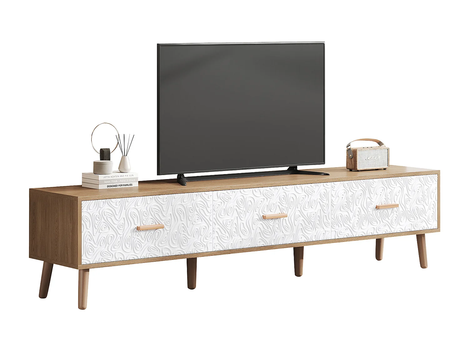 Meuble TV avec 3 tiroirs - 150 x 35 x 39 cm - Panneaux de particules - pour salon - Blanc et bois